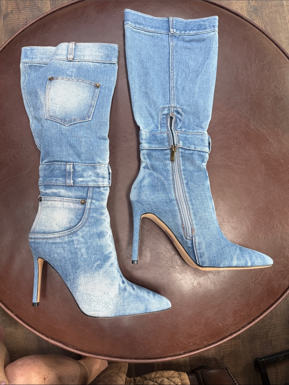 Denim Pointed-Toe Knee-High Stiletto Boots - Light Blue 4” heel